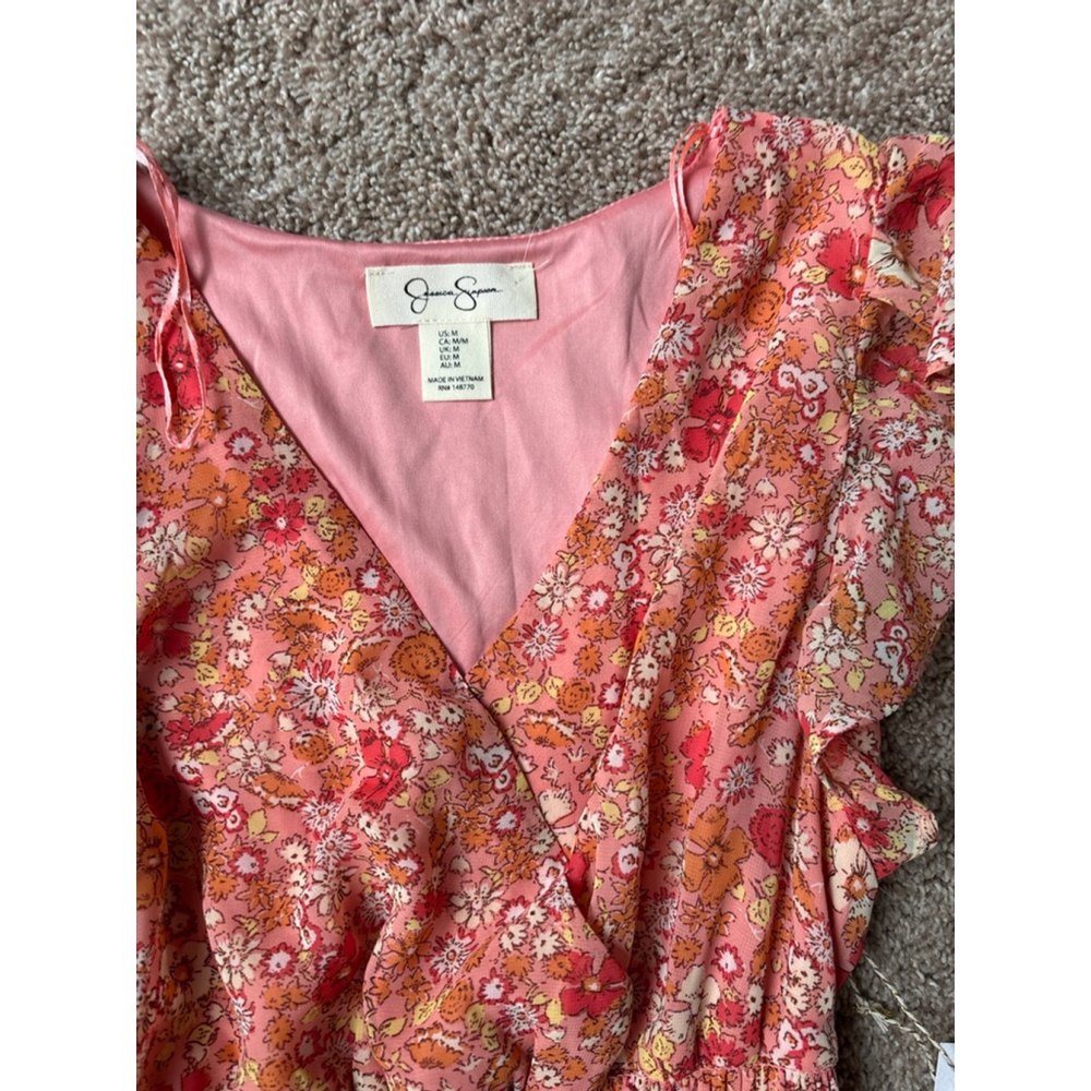 Women's Jessica Simpson M Coral Orange Floral Smocked Midi Dress - Picture 2 of 7